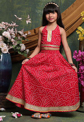Bandhej Printed Cotton Lehenga in Red