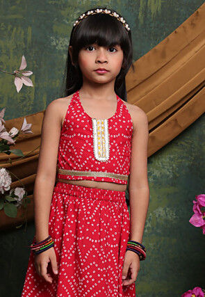 Bandhej Printed Cotton Lehenga in Red