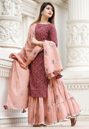 Bandhej Printed Cotton Lehenga in Wine
