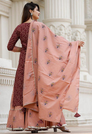 Bandhej Printed Cotton Lehenga in Wine