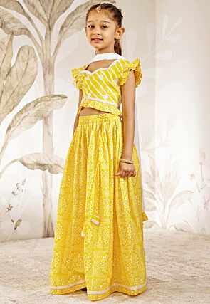 Bandhej Printed Cotton Lehenga in Yellow