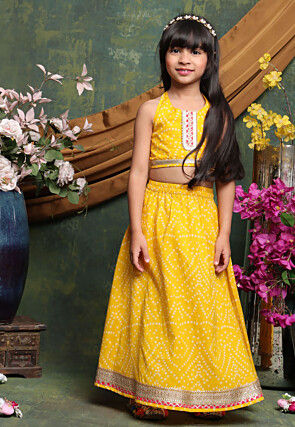 Bandhej Printed Cotton Lehenga in Yellow