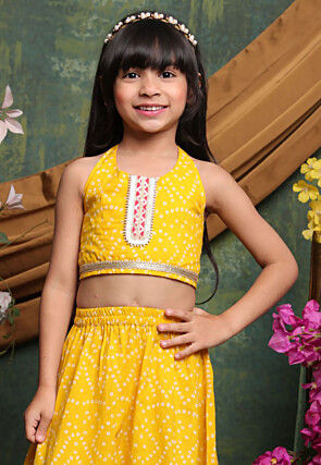 Bandhej Printed Cotton Lehenga in Yellow