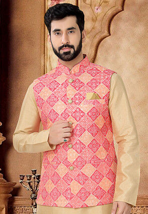 Bandhej Printed Cotton Nehru Jacket in Pink