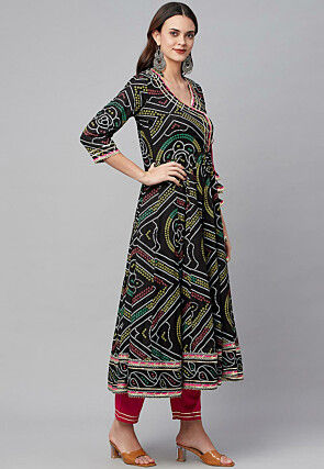 Bandhej Printed Cotton Pakistani Suit in Black
