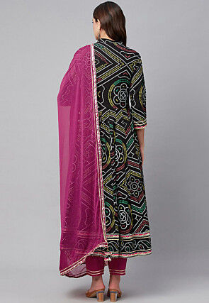 Bandhej Printed Cotton Pakistani Suit in Black