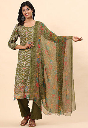 Bandhej Printed Cotton Pakistani Suit in Dark Olive Green