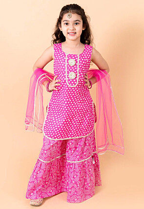 Bandhej Printed Cotton Pakistani Suit in Fuchsia