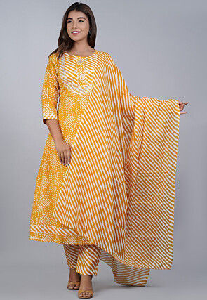 Bandhej Printed Cotton Pakistani Suit in Mustard