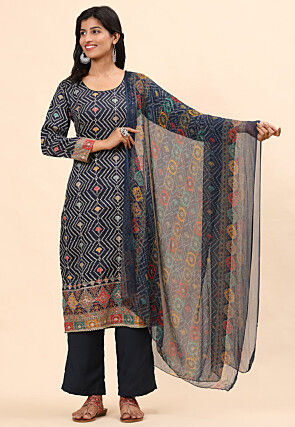 Bandhej Printed Cotton Pakistani Suit in Navy Blue