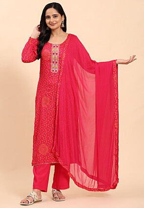 Bandhej Printed Cotton Pakistani Suit in Pink