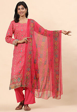Bandhej Printed Cotton Pakistani Suit in Pink