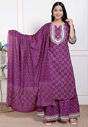 Bandhej Printed Cotton Pakistani Suit in Purple
