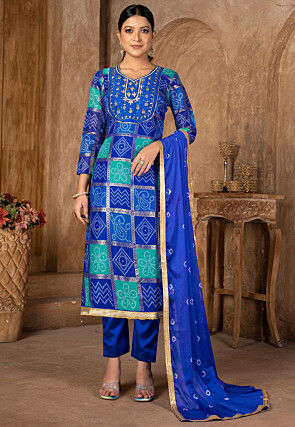 Bandhej Printed Cotton Pakistani Suit in Royal Blue
