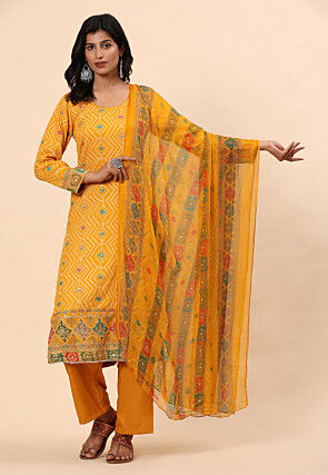 Bandhej Printed Cotton Pakistani Suit in Yellow