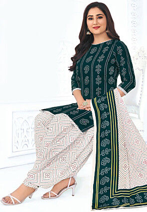 Bandhej Printed Cotton Punjabi Suit in Dark Green