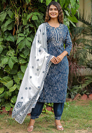 Bandhej Printed Cotton Punjabi Suit in Navy Blue
