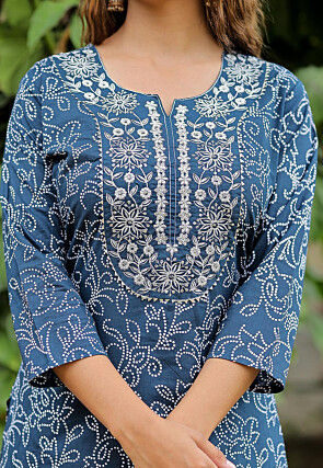 Bandhej Printed Cotton Punjabi Suit in Navy Blue