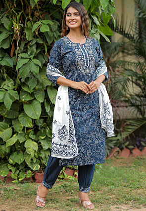Bandhej Printed Cotton Punjabi Suit in Navy Blue