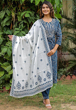 Bandhej Printed Cotton Punjabi Suit in Navy Blue