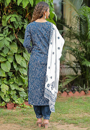 Bandhej Printed Cotton Punjabi Suit in Navy Blue