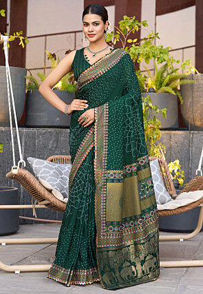 Bandhej Printed Cotton Saree in Dark Green