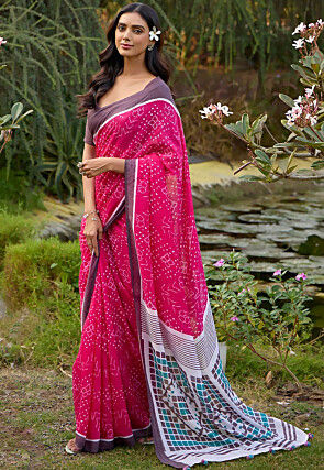 Bandhej Printed Cotton Saree in Fuchsia