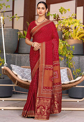 Bandhej Printed Cotton Saree in Maroon