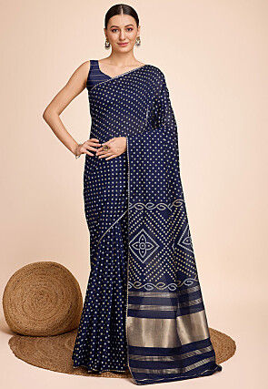 Bandhej Printed Cotton Saree in Navy Blue