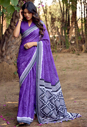 Bandhej Printed Cotton Saree in Purple