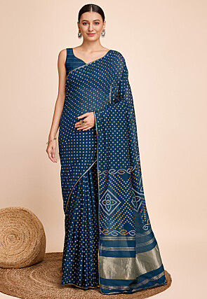 Bandhej Printed Cotton Saree in Teal Blue
