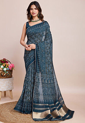Bandhej Printed Cotton Saree in Teal Blue