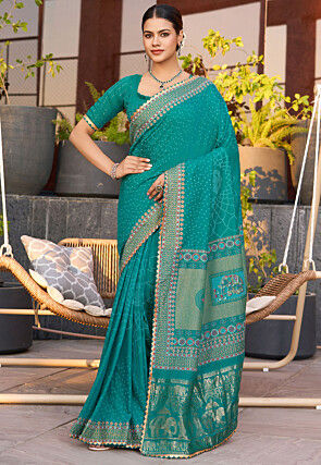 Bandhej Printed Cotton Saree in Turquoise