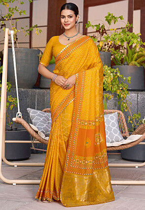 Bandhej Printed Cotton Saree in Yellow