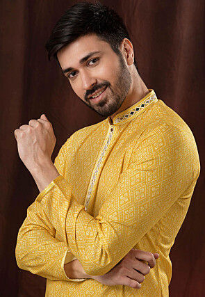 Bandhej Printed Cotton Silk Kurta Set in Yellow