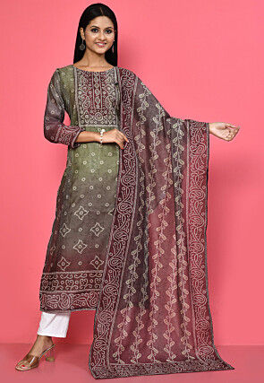 Bandhej Printed Cotton Silk Pakistani Suit in Brown and Green