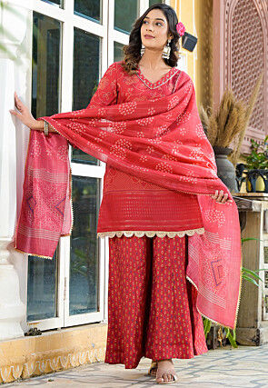 Bandhej Printed Cotton Silk Pakistani Suit in Red