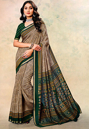 Bandhej Printed Cotton Silk Saree in Beige