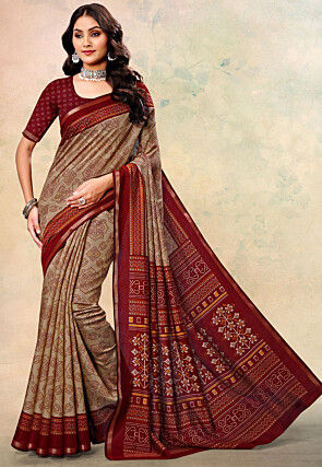 Bandhej Printed Cotton Silk Saree in Beige