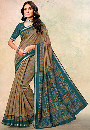 Bandhej Printed Cotton Silk Saree in Beige