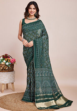 Bandhej Printed Cotton Silk Saree in Dark Green