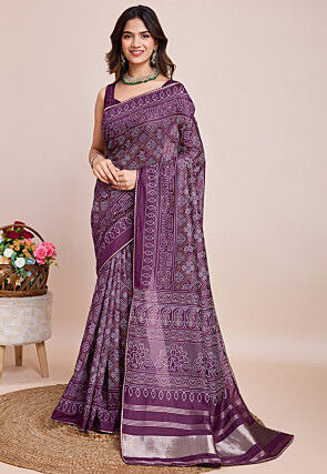 Bandhej Printed Cotton Silk Saree in Purple