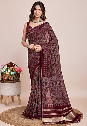 Bandhej Printed Cotton Silk Saree in Wine