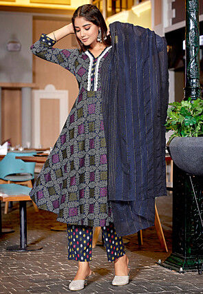 Bandhej Printed Cotton Slub A Line Suit in Navy Blue 