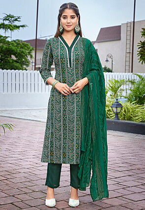 Bandhej Printed Cotton Slub Pakistani Suit in Dark Green