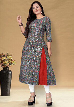 Bandhej Printed Cotton Straight Kurta in Grey and Red