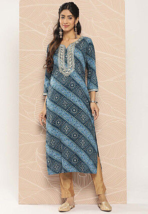 Bandhej Printed Cotton Straight Kurta in Ombre Blue