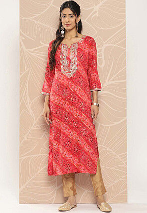 Bandhej Printed Cotton Straight Kurta in Ombre Red