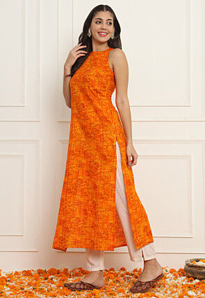 Bandhej Printed Cotton Straight Kurta Set in Orange