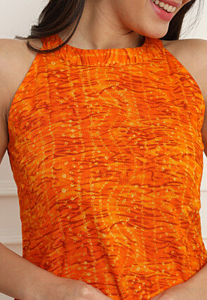 Bandhej Printed Cotton Straight Kurta Set in Orange